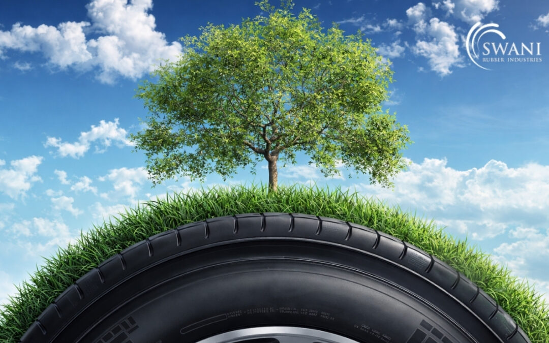 A tree growing on a rubber tyre under blue sky, showing sustainable rubber manufacturing concept